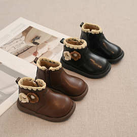 女童加绒保暖低筒靴2026冬季新款女宝宝简约洋气小皮靴中小童短靴