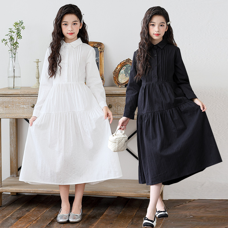 New Fashionable and Stylish Korean Style Pleated Shirt Collar Dress for Middle-Aged and Older Children, Long-Sleeved Loose Student Skirt