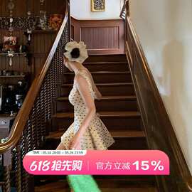 DULA好好家 法式波点吊带连衣裙女夏后背绑带收腰a字裙蓬蓬短裙子