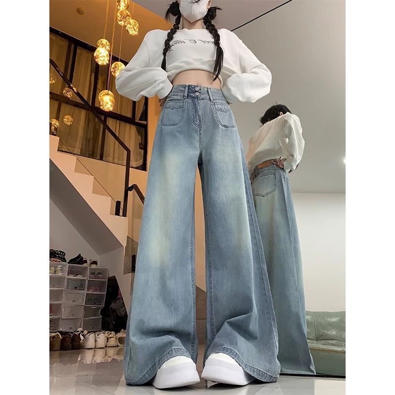 봄, 가을 여성용 라이트 블루 더블 버튼 와이드 레그 청바지 플러스 사이즈 루즈 스트레이트 하이 웨이스트 슬리밍 바닥 길이 바지