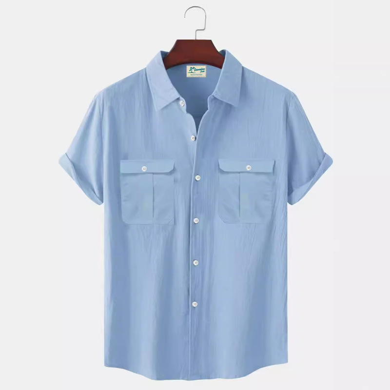 Amazon's New Summer Simple Shirt for Men, Solid Color Patchwork Linen Cardigan, Short-Sleeved Loose Lapel Men's Shirt