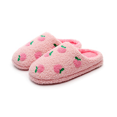 かわいいピンクのフルーツ綿スリッパピーチ秋と冬の豪華なスリッパ女性のサイレント屋内暖かい毛皮のような靴クロスボーダー