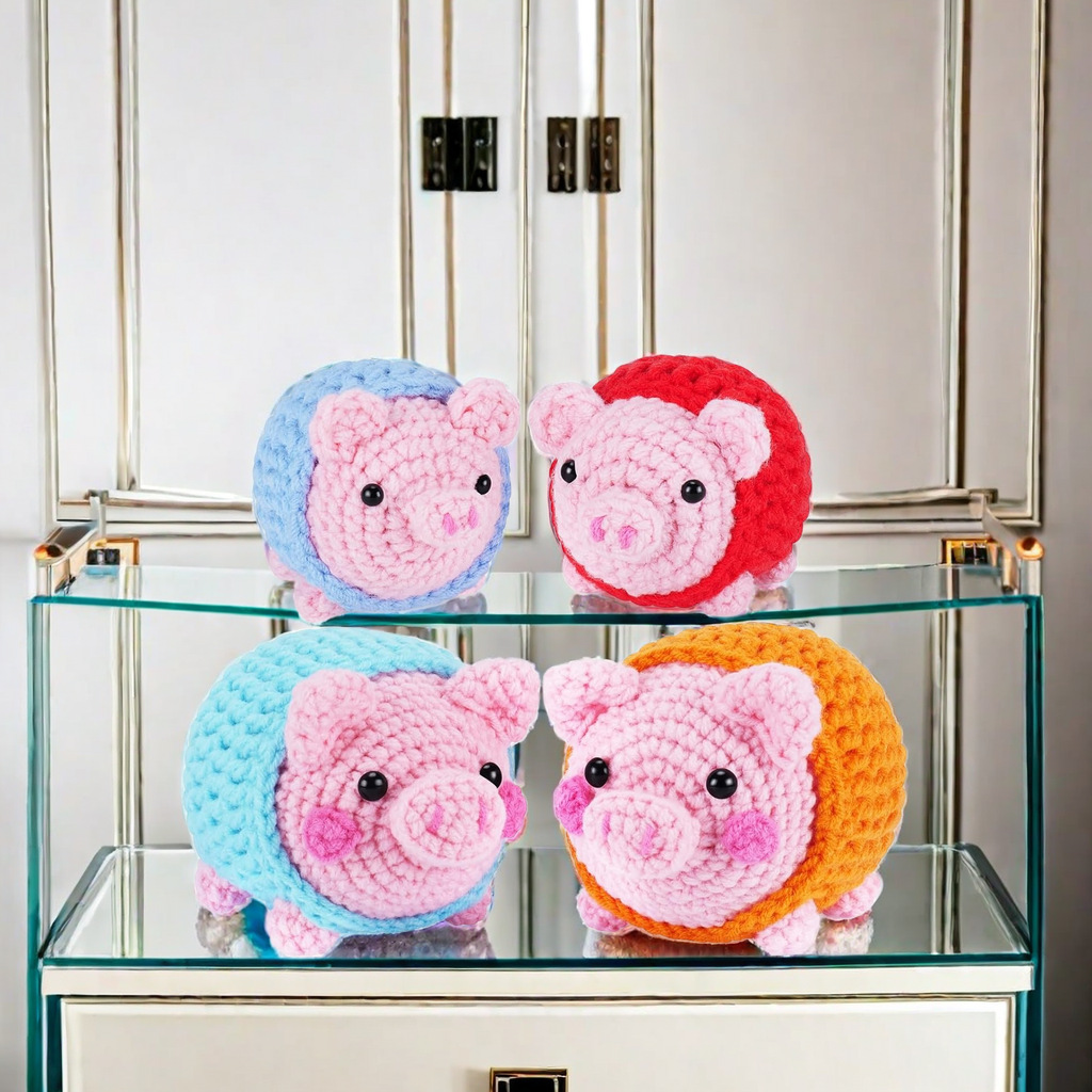 跨境新品编织四只小猪动物材料包钩钩乐手工制作DIY针织毛线套装