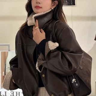 短款正肩秋冬棕色高端皮衣外套 小个子毛领高级感皮夹克女皮衣