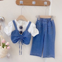 6521 Children's Clothing 2023 Summer New Girls' Denim Set Shirt with Straps Wide Leg Pants Three-Piece Set