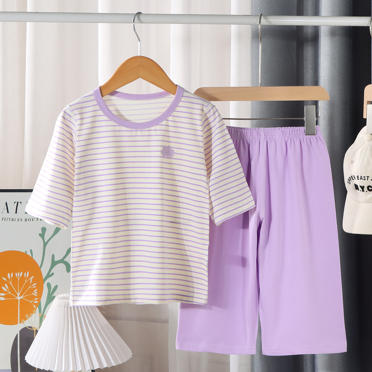 Primavera y verano delgada pijamas de algodón a rayas para niños y niñas, ropa para el hogar, ropa de aire acondicionado para bebés, set de padres e hijos