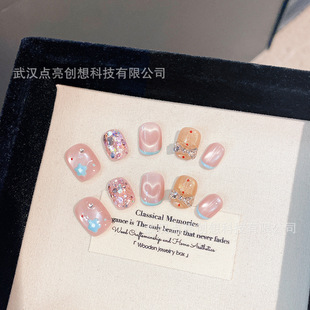 (Original) Handmade Nails, Hand-Painted Milky Blue Flowers, Heart Bows, Gentle Whitening Nails, Nail Patches