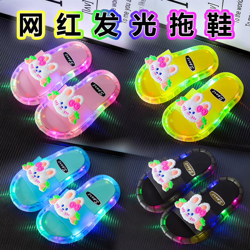 Summer Children's Luminous Slippers Cute Cartoon Raspberry Rabbit Big Children's Indoor Non-slip Exterior Wear Parent-child Flash Light Sandals