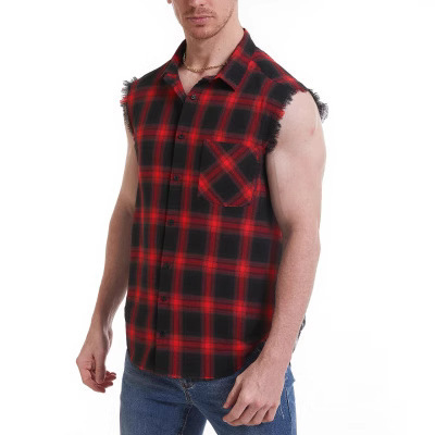 European and American Men's Wear Men's Music Festival Sleeveless Shirt Loose Plaid Breathable Rust Cuff All-Weather Trendy