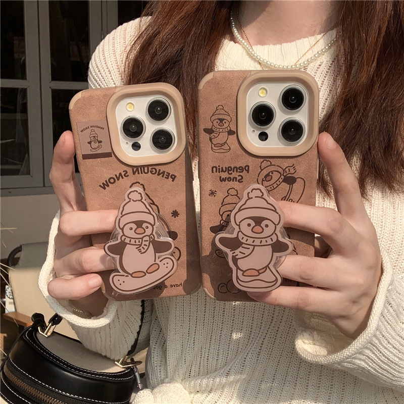 Autumn and Winter Brown Skateboard Penguin for 12 Apple 16 Phone Case iPhone15ProMax Drop-Resistant 14 Drop-Resistant 13
