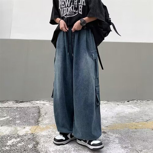 Stylish straight-leg workwear washed mid-rise trendy long pants hip-hop jeans loose straight-leg fashionable autumn and winter men