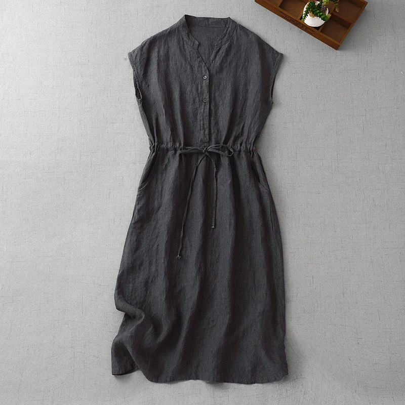 Летнее платье 2025 года в ретро-этно стиле, улучшенное хлопково-льняное, однотонное, в литературном стиле, средней длины, свободного кроя, повседневное, для женщин