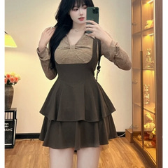 大码女装辣妹长袖连衣裙秋季梨形身材蛋糕裙胖MM遮肚子显瘦短裙子