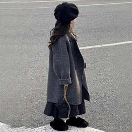 韩系穿搭童装女童仿双面羊绒大衣秋冬洋气长款女孩时髦高级灰时尚