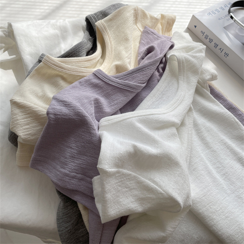 質感〜女性用ショートスリーブTシャツ！夏万能無地着痩せショートラウンドネックショルダートップTシャツ|undefined
