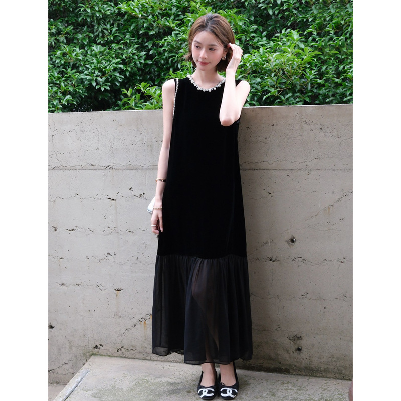 Rongtai Vintage Hepburn Style Beaded Collar Silk Velvet Dress for Women, Sleeveless Organza Fluffy Long Dress