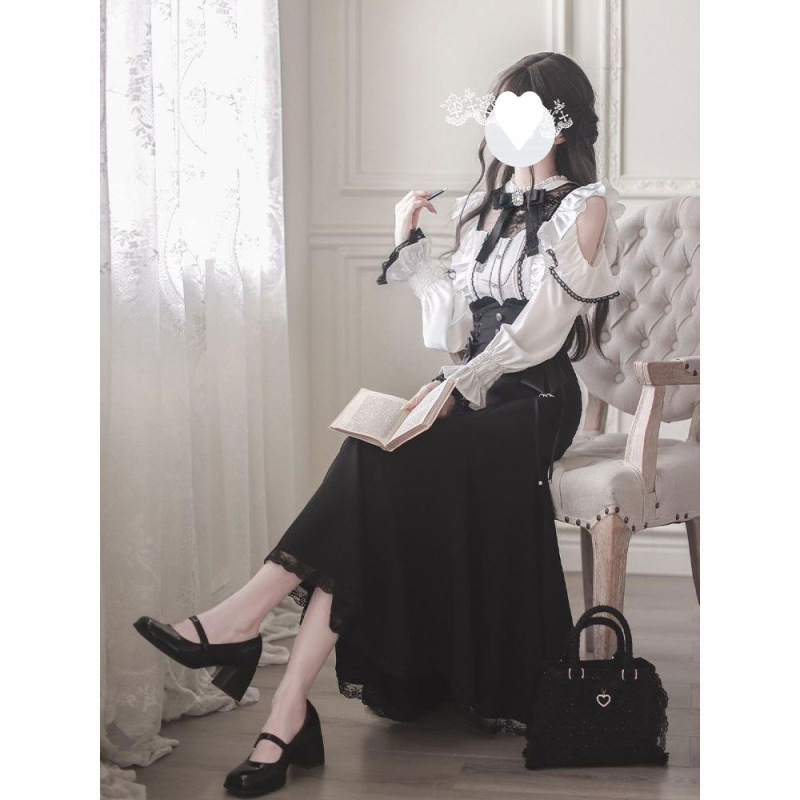【Qianhe】Clear and Elegant Japanese-Style Mass-Produced Fishtail Skirt with Off-Shoulder Lace Patchwork Shirt Autumn Set 【Qianhe】Clear and Elegant Japanese-Style Mass-Produced Fishtail Skirt with Off-Shoulder Lace Patchwork Shirt Autumn Set