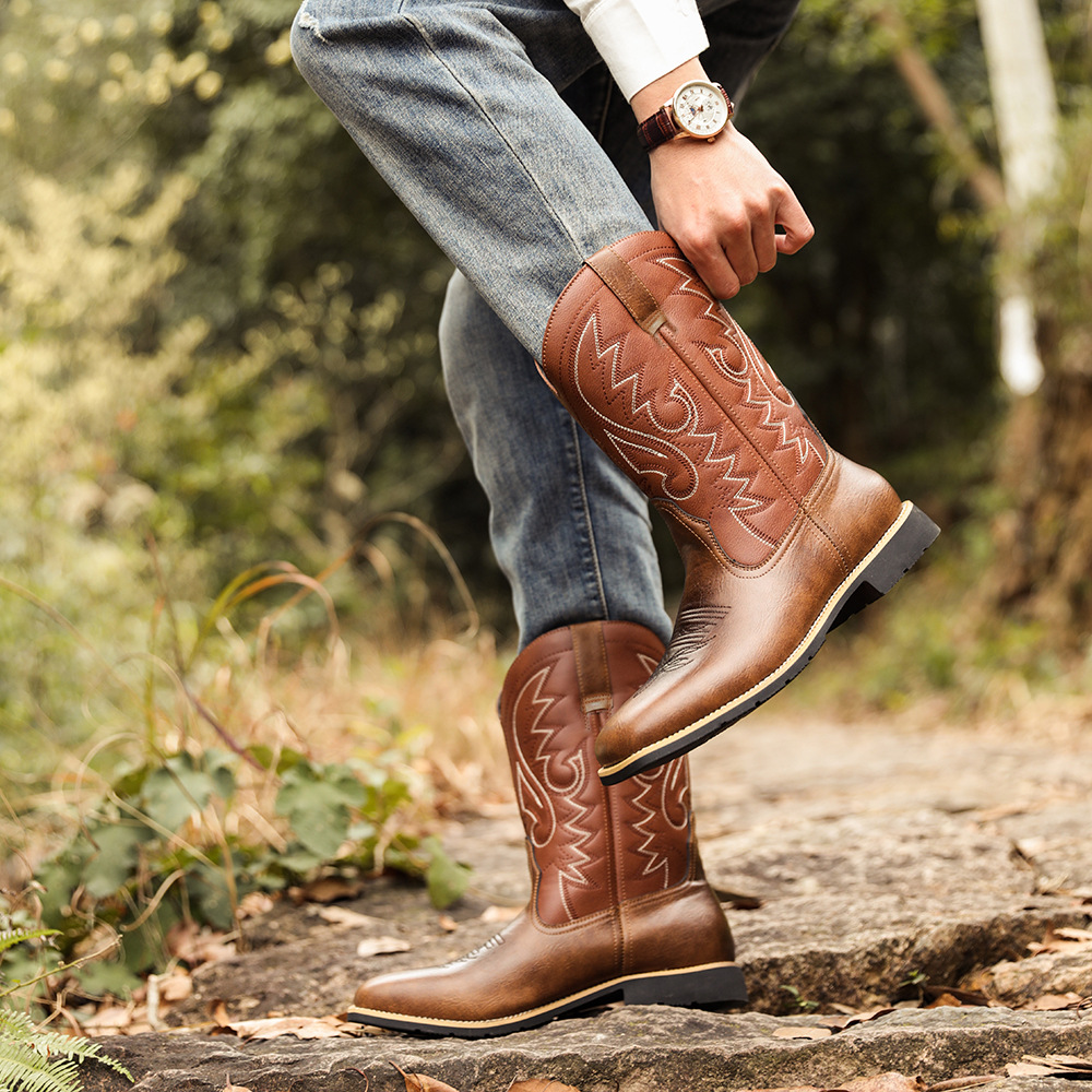 Cizme de cowboy western înalte, brodate, vintage, cu cap lat, pentru bărbați_voghion.com