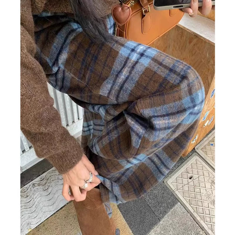 Синий шерстяной клетчатый широкий брюки женские осенние и зимние корейские интернет-красные прямые брюки с высокой талией