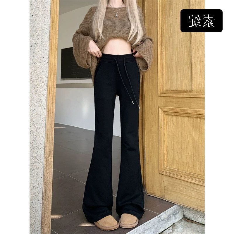 抽绳休闲裤女秋冬加绒加厚低腰显瘦微喇裤修身运动裤小众长裤子潮