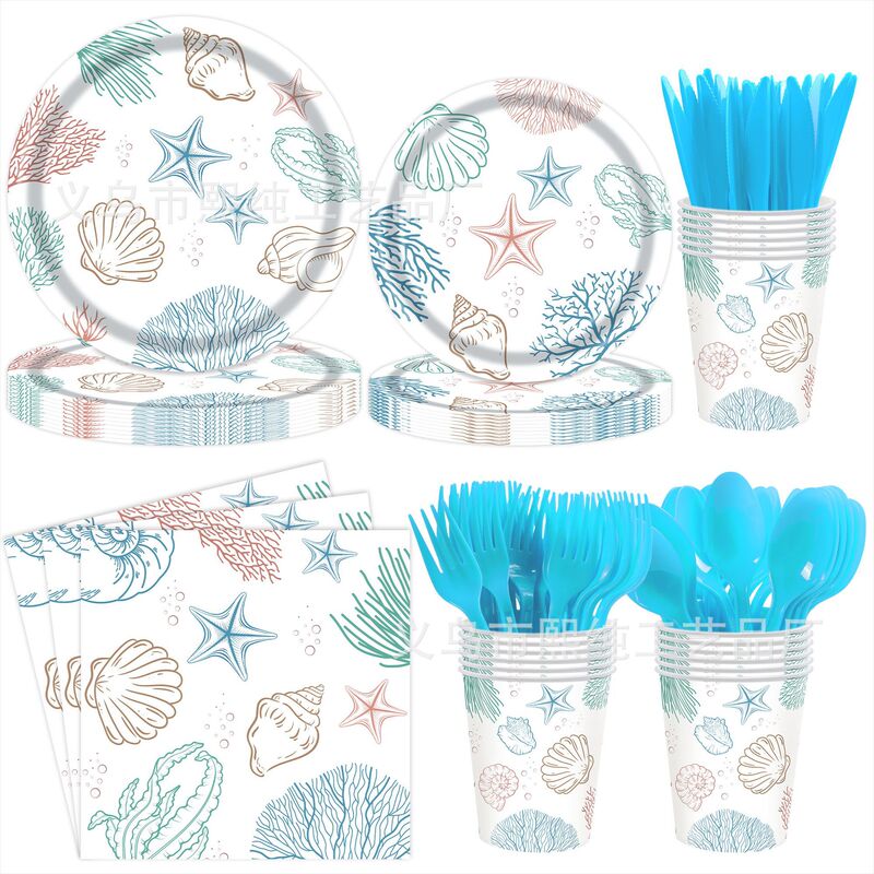 In-Stock Ocean Shell Coral Party Underwater World Tableware Set Children's Birthday Paper Cups Napkins Paper Plates Party Supplies