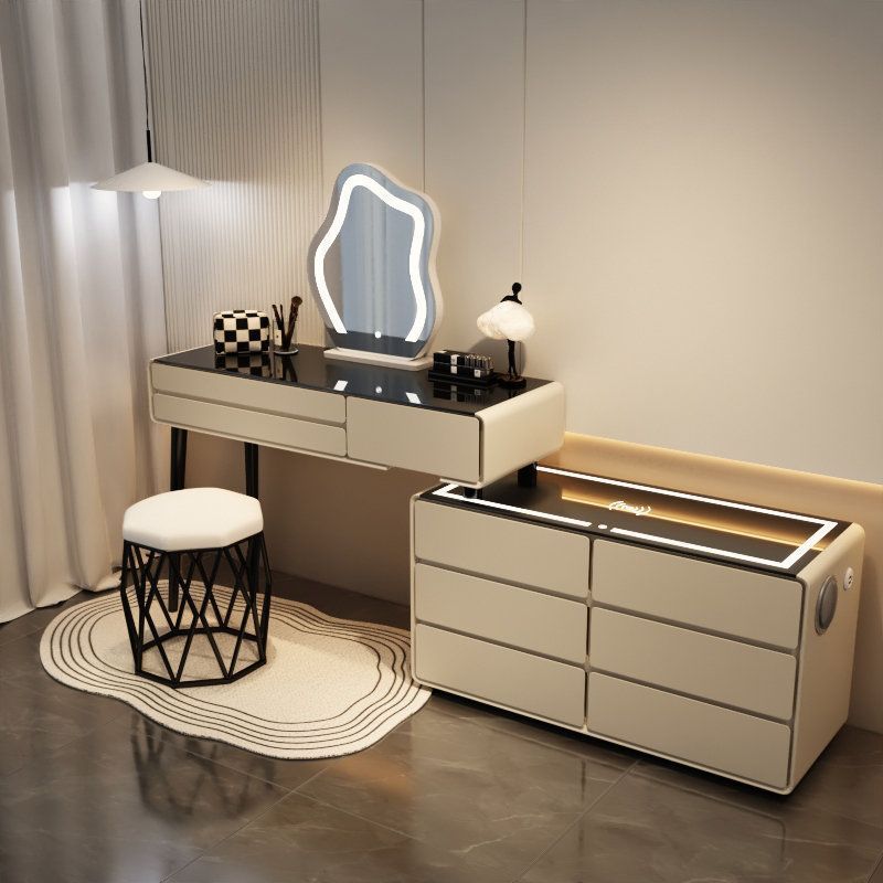 카키 그레이 6단 서랍 스마트 모델 - 올 원목 100 테이블 + 캐비닛 + 구름거울 + 새둥지 스툴