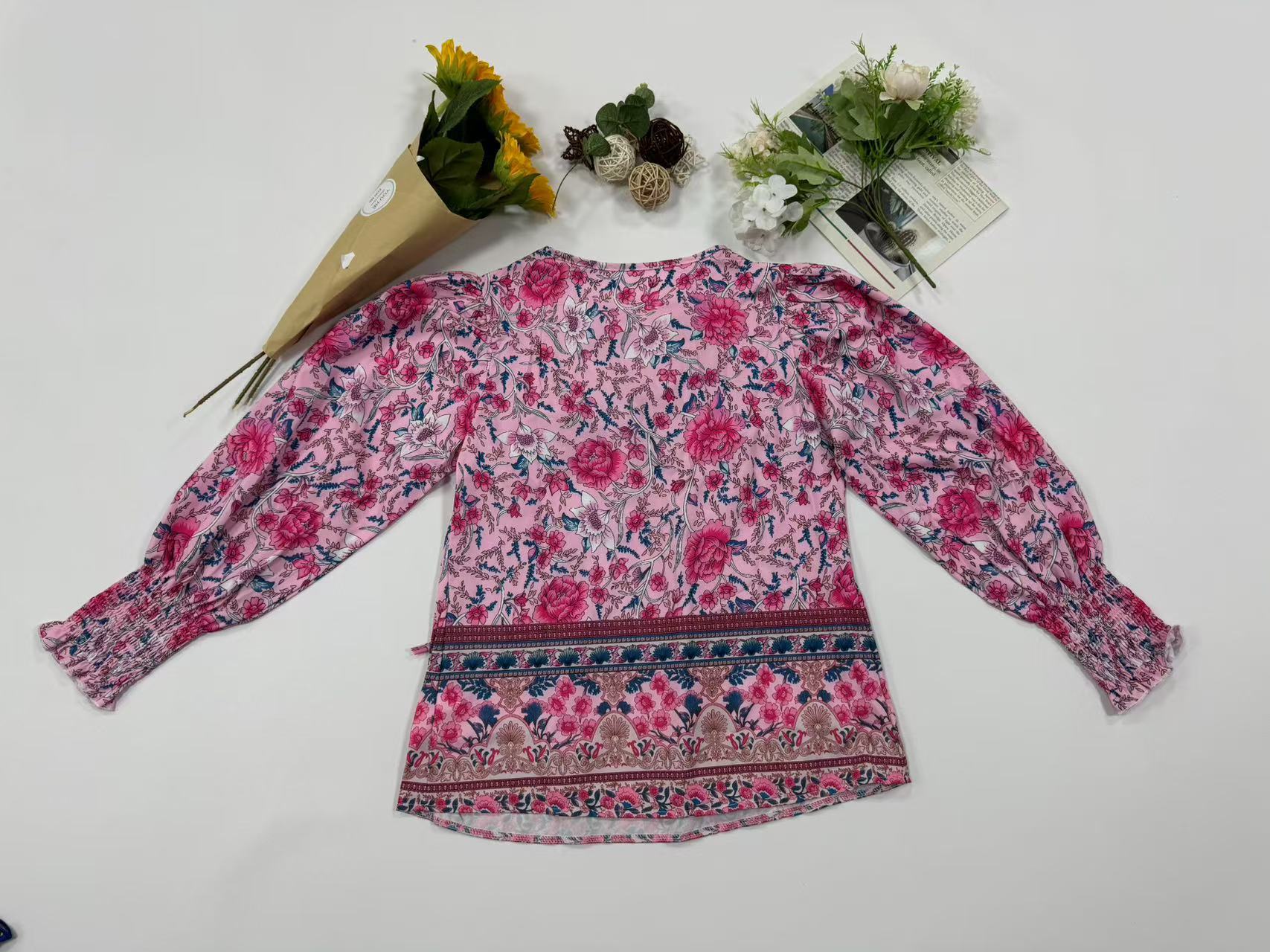 84g Weight Long Sleeve Sleeve Length Tie Placket Type Regular Sleeve Sleeve Type Viscose fiber Fabric Type Regular Top Length Blouse Tops Type Holiday, Banquet, Selfie Occasion V Neck Neckline Loose Fit Type Printing Pattern Summer, Spring, Autumn Season Women's Gender Vintage Style, Bohemian Style Wholesale Women's Vintage Style Bohemian Printing Long Sleeve Blouses 4
