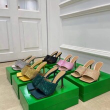 2025夏季新款水钻拖鞋女高跟方头细跟凉拖女