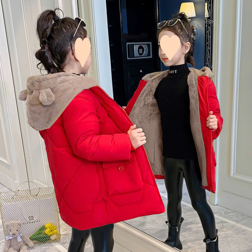 Girls 'winter clothes New style velvet cotton coat, down cotton coat, mid-long coat, winter western-style children's cotton clothes