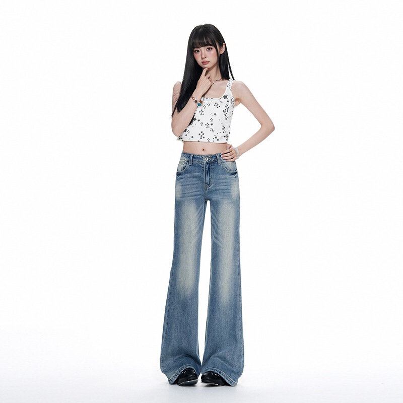 Light Blue Washed Whiskered Low-Waist Flared Jeans for Women, Summer Lace Pants with Niche Design, Bootcut Pants Light Blue Washed Whiskered Low-Waist Flared Jeans for Women, Summer Lace Pants with Niche Design, Bootcut Pants