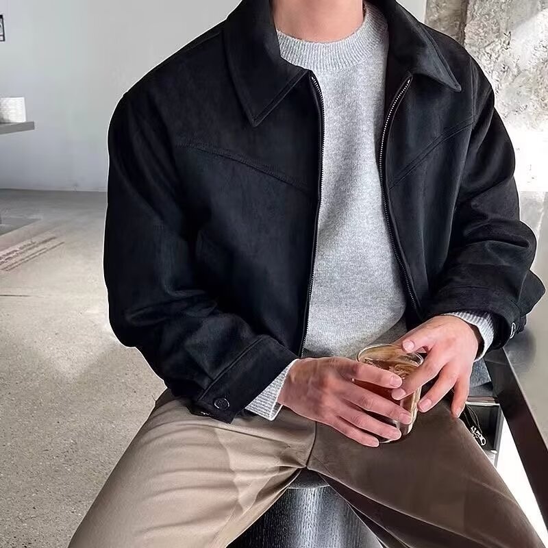 麂皮绒双层夹克美式复古外套男秋冬棕咖美拉德穿搭短款百搭夹克|undefined