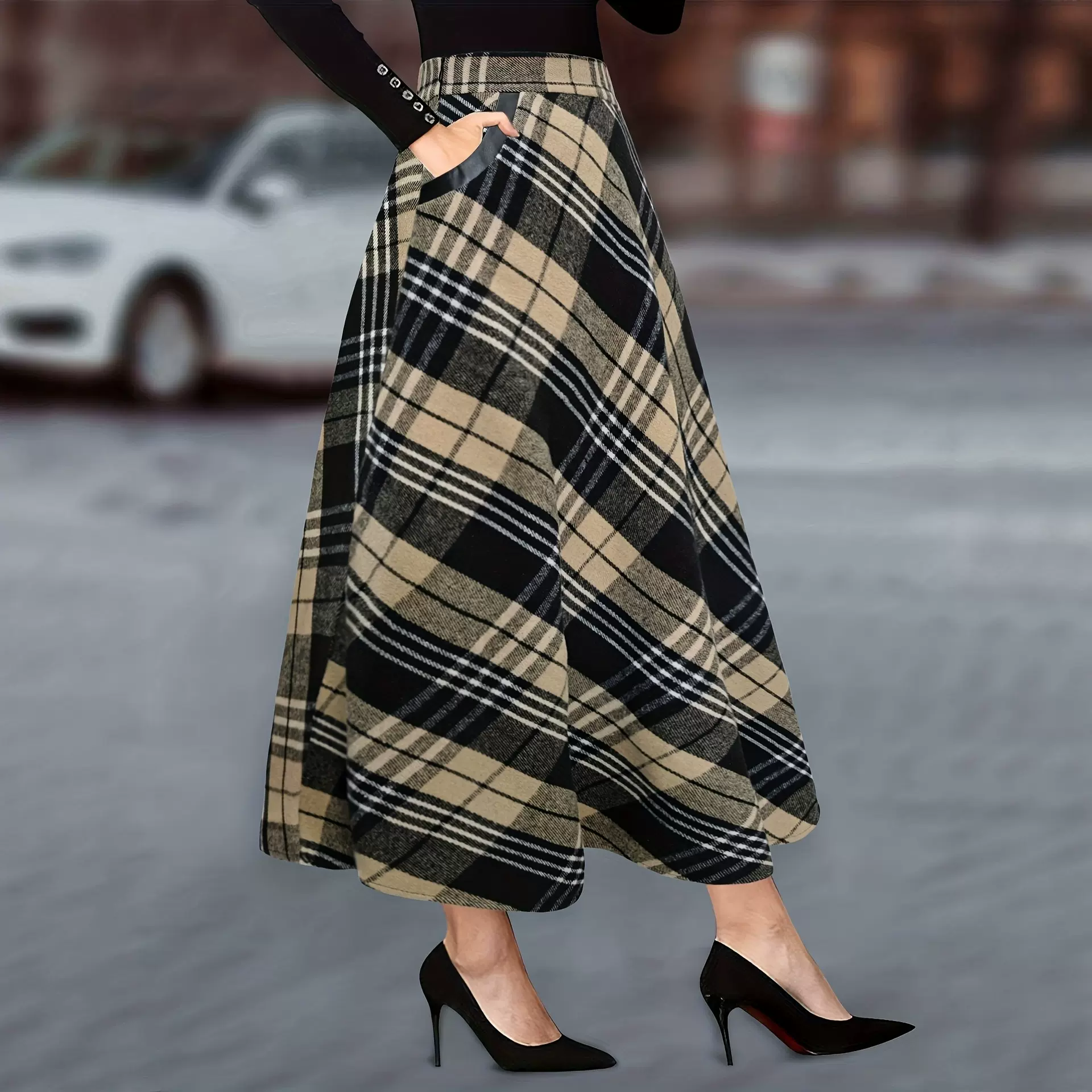 跨境欧美气质优雅黑白格纹呢子大口袋长款伞裙秋冬厚款宽松半身裙