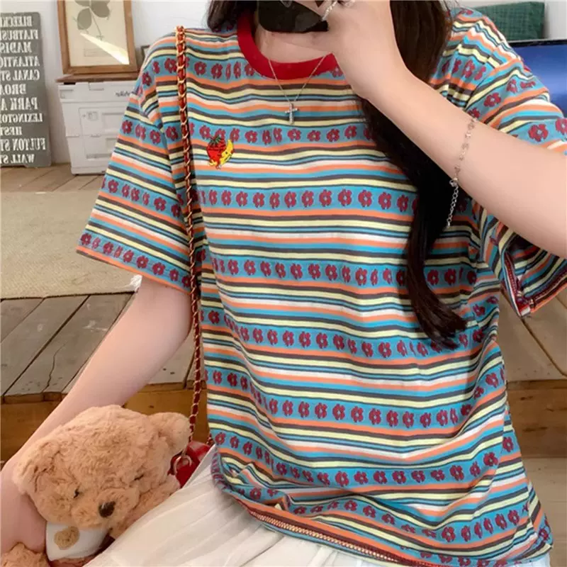 条纹彩色短袖t恤女夏季小众设计感刺绣韩系chic宽松正肩上衣体恤