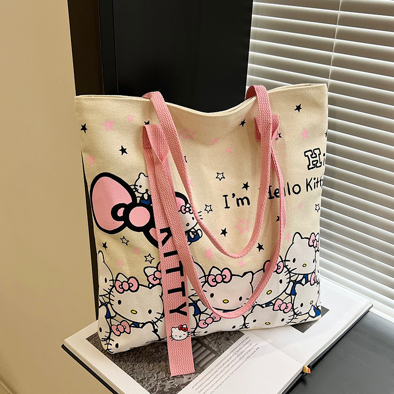 hellokitty Cartoon Canvas Bag Fashion Bag Women's Handbag Cute Commuter All-match Shoulder Large Capacity Tote