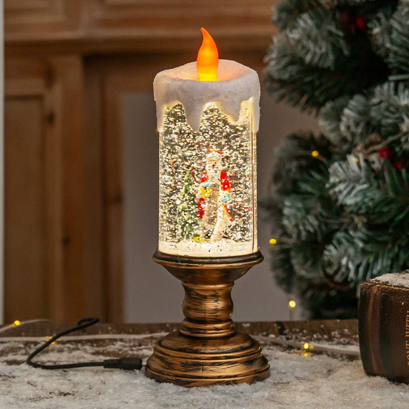 Новогодний декоративный снеговик- свеча, LED пламя, питание USB/3×AA, музыка и снег, размер 8.5×26 см