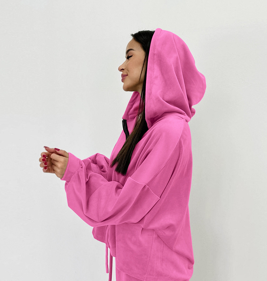 2024 hiver nouveau costume en velours mode européenne et américaine fermeture éclair à manches longues style sport pull à capuche costume décontracté_voghion.com