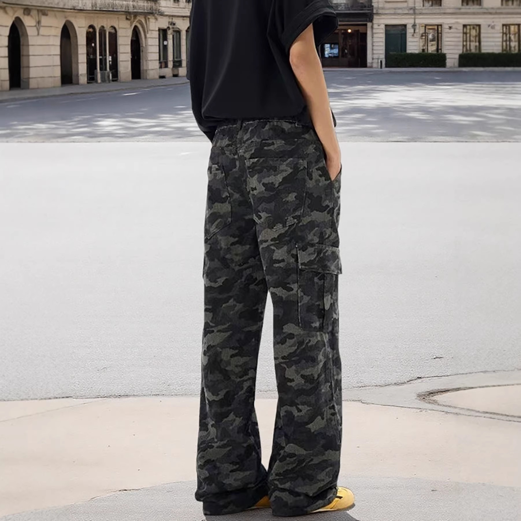 Men's Camouflage Wide Leg Pants Street Style Hip Hop Loose Fit Straight Leg Slightly Flared Cargo Jeans Trendy Brand Blue mid Waist_mkmklike.com