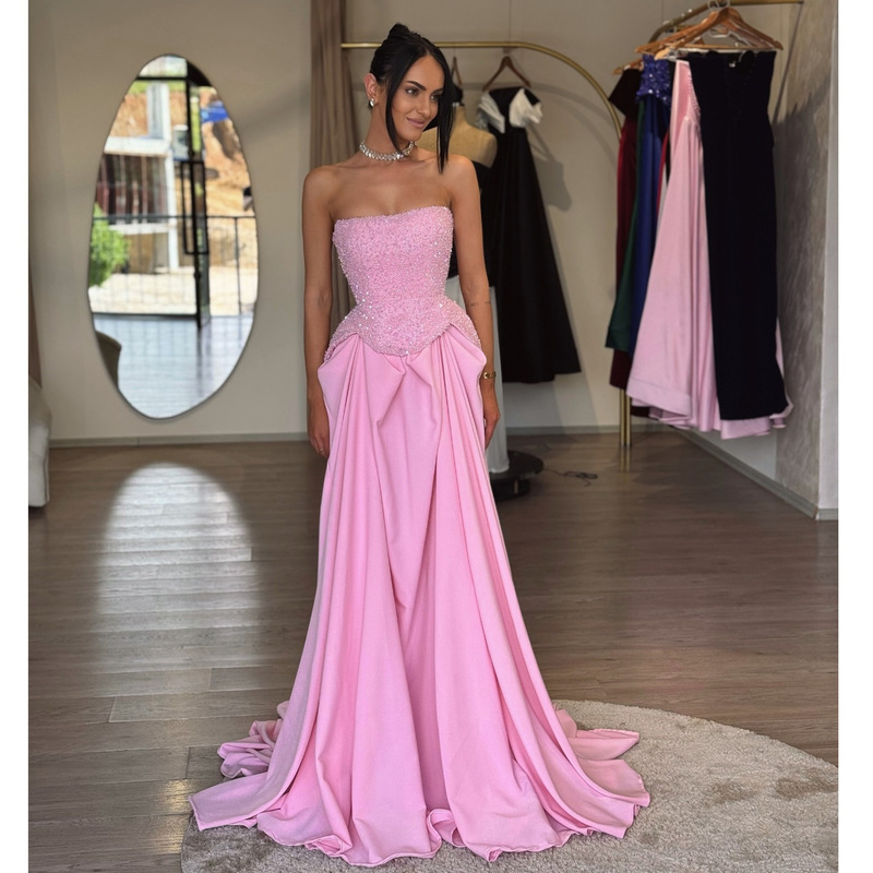 New Pink Strapless Evening Dress Cross-Border Aliexpress Long Dress Prom Party Elegant Dress 2025