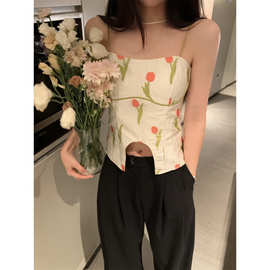 韩国！不规则外穿抹胸吊带背心郁金香刺绣显瘦上衣女