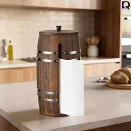 跨境木质桌面纸巾架酒桶式厨房台面纸巾收纳架家用酒桶储物木架