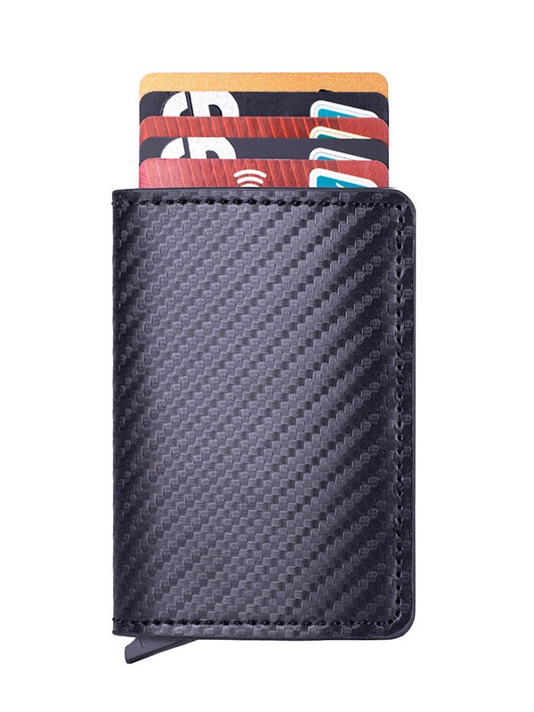 Cartera transfronteriza para hombres europeos y estadounidenses Tarjetero de fibra de carbono ultrafino Tarjetero de aleación de aluminio con tarjeta emergente automática Cartera