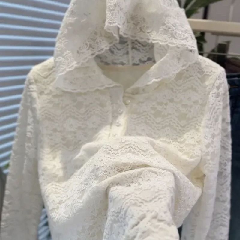 新品感拼接花边连帽蕾丝衫女春秋钩花镂空叠穿打底内搭上衣雪尼尔|undefined