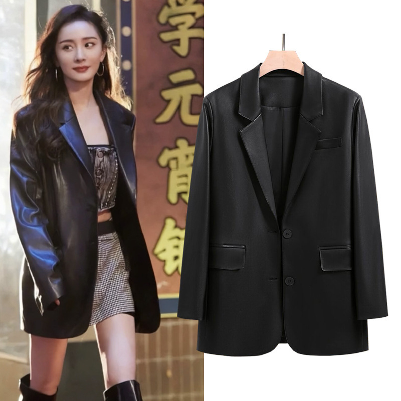 [8901 in stock] 2025 autumn new plus size women's chubby girl slim PU leather suit coat ladies suit