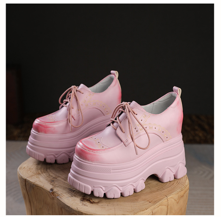 Giày sneaker nữ đế dày phong cách Anh quốc cổ điển, dây buộc, gót 12 cm — màu nâu chi tiết 13