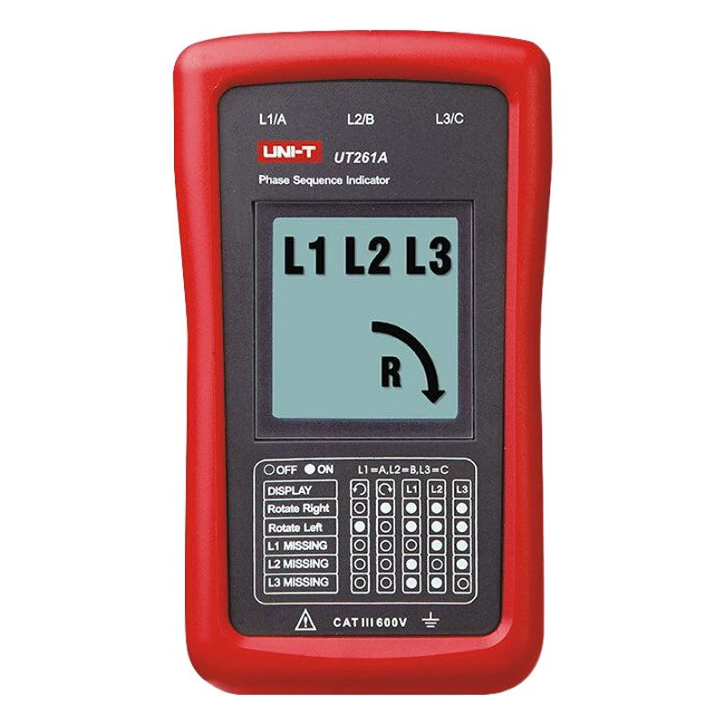 Unilide UT261A/UT261B индикатор последовательности фаз направление вращения двигателя трехфазное магнитное поле фаза отсутствует Таблица измерений