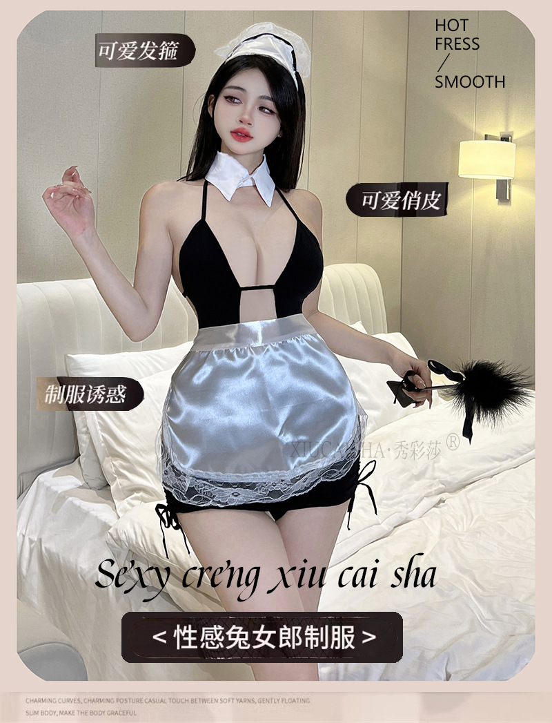 Maid Roleplay Lingerie Set with Apron, Headpiece and Thong, See-Through Polyester Uniform — detail image 3
