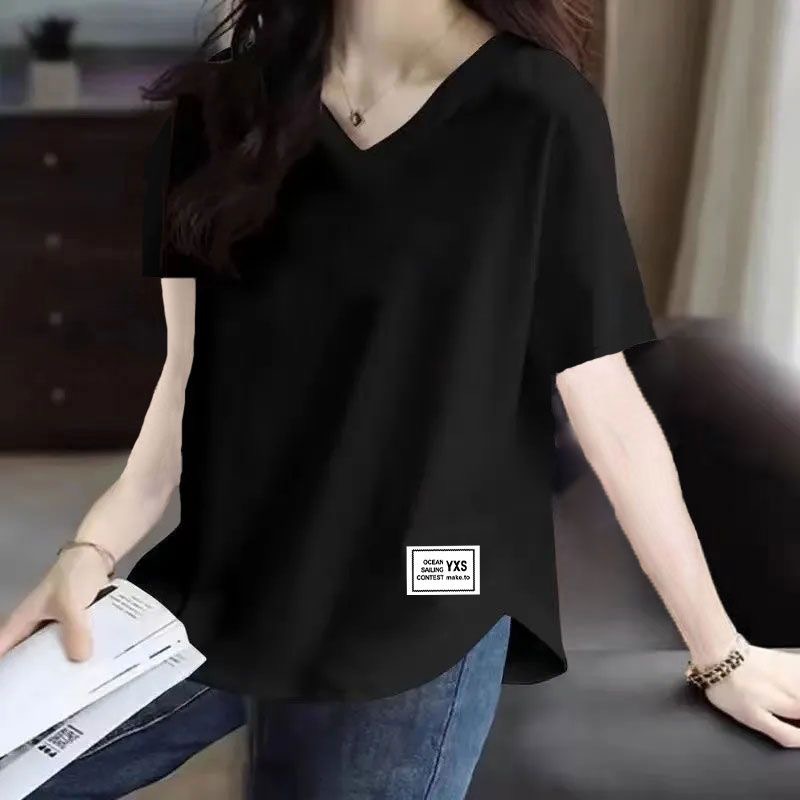 2025夏季新款V领短袖T恤女装宽松大码休闲时尚标签上衣服外贸批发