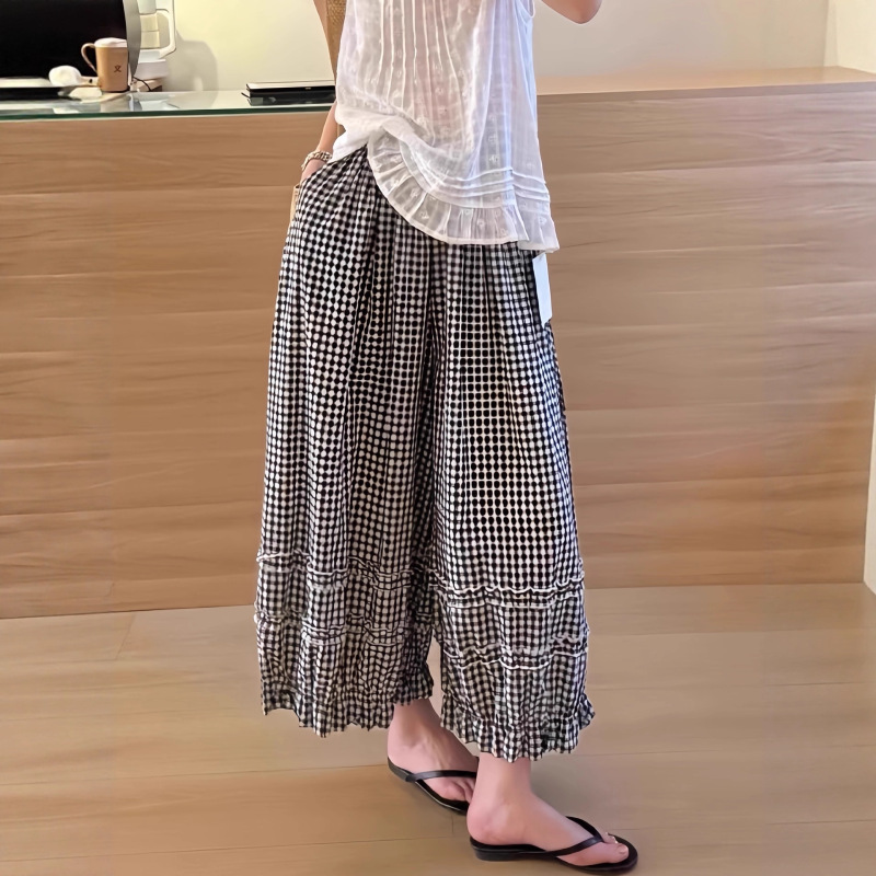 木耳边黑白格子阔腿裤女夏薄款2025新款松紧腰休闲宽松灯笼九分裤|undefined