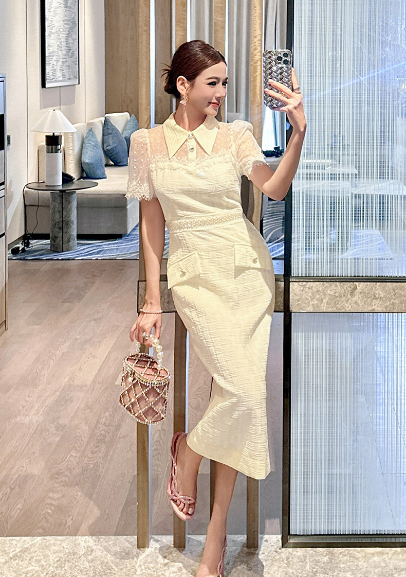 Váy đầm nữ cổ búp bê tay ngắn ôm dáng qua gối phong cách tiểu thư — Màu be chi tiết 5