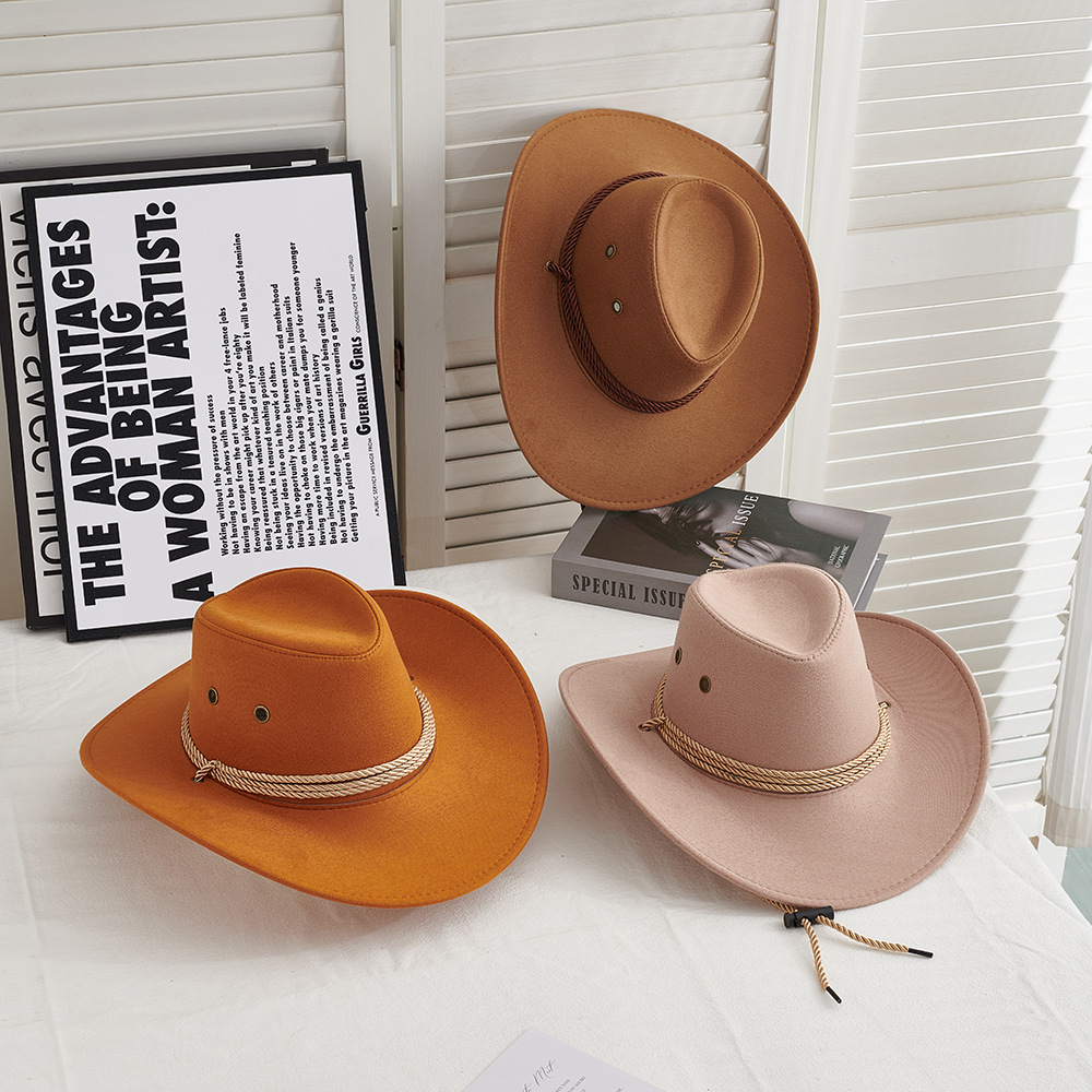 Western Woolen Denim Jazz Hat Camping Outdoor Sun Hat Men's and Women's Big Brim Hat Solid Color Prairie Riding Hat Cool Hat